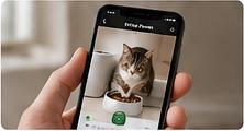 Phone monitoring a cat near an automatic feeder