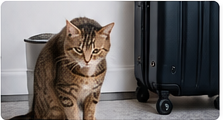 Cat sitting beside luggage in a home entryway