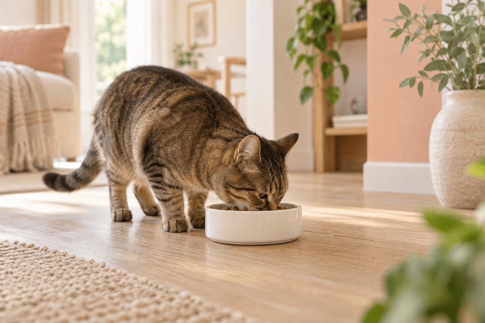 Tabby eating from a white bowl