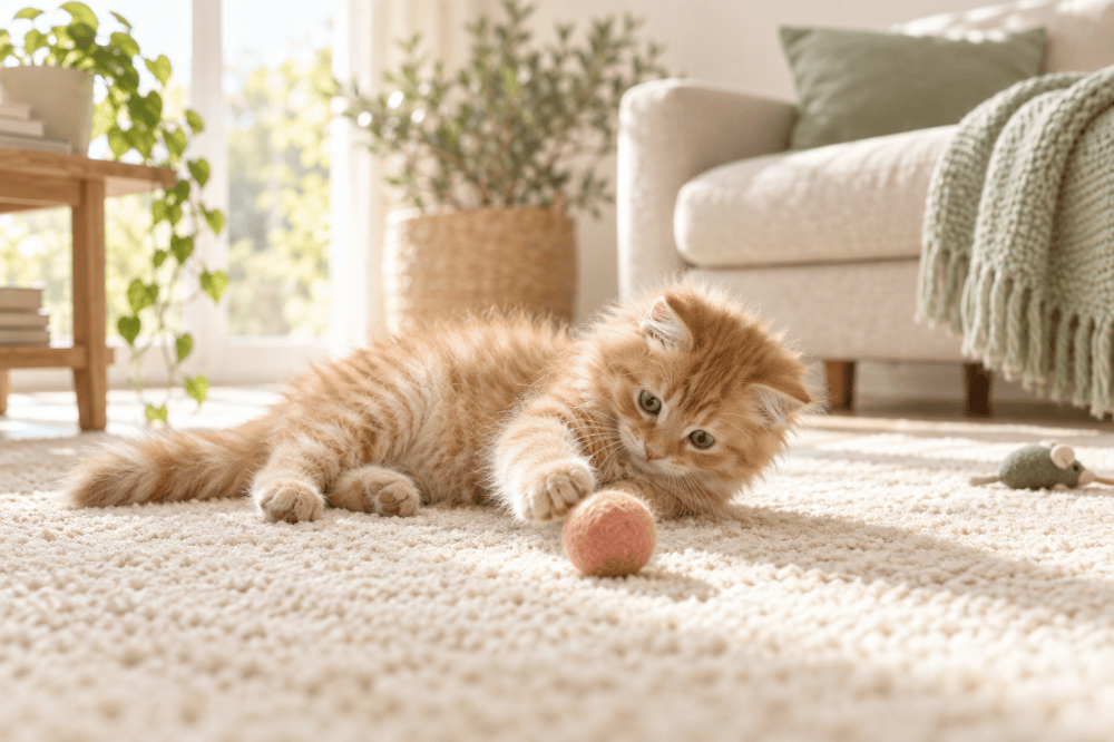 Ginger kitten playing with a peach felt ball