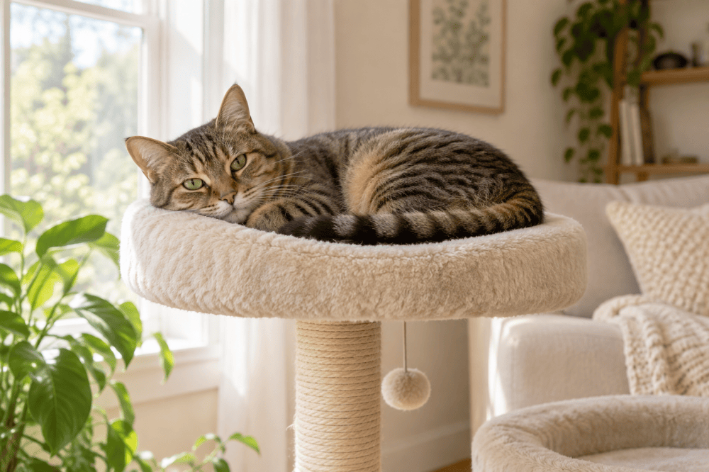 Tabby relaxing on a beige cat-tree platform