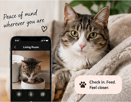 Cat and phone visual from the approved automatic cat feeder mockup