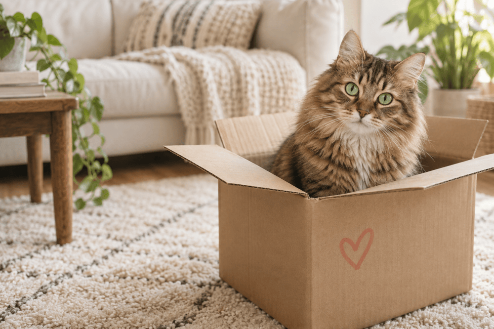Tabby cat enjoying a cardboard box